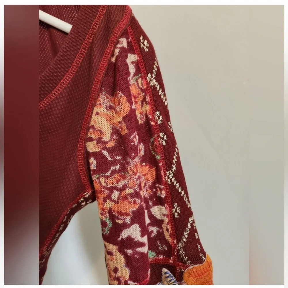 NWT | Free People | Amara Embroidered Sleeve V-Neck Top | Garnet Mix | XS